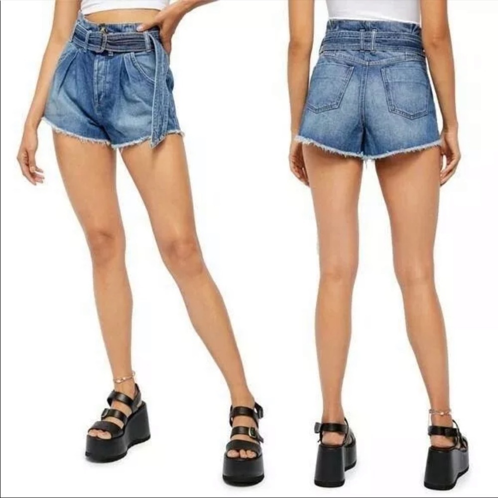 We The Free for Free People Paperbag, Belted, High Rise Raw Hem, Denim Shorts